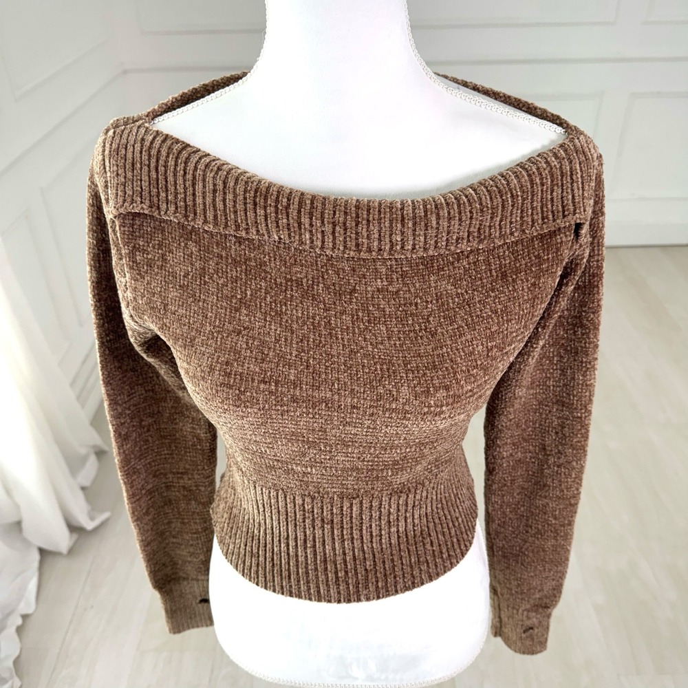 Edikted Farrah Off the Shoulder Crop Sweater Women L Brown Y2K Indie Grunge Top - Picture 8 of 10